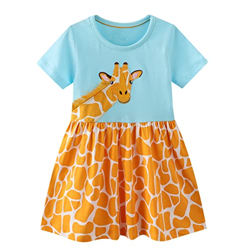 Image of Dinopjs Little Girls Summer Dress Cotton Giraffe Dresses Girl's Short Sleeve Shirt Tops for Kids 2-7 Years