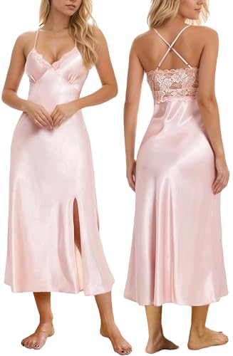 Image of ALCEA ROSEA Women Silk Satin Nightgown Sexy Lace Chemise Lingerie Long Sleepdress for Ladies Sleepwear Slip Negligee