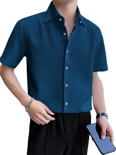 Image of GRECIILOOKS Shirt for Men | Mens Casual Shirt | Men Stylish Shirt | Men Waffle Shirt | Men's Regular Fit | Men Formal Shirt | Short Sleeve Shirt for Summer Outdoor Activities |Textured Shirts for Men