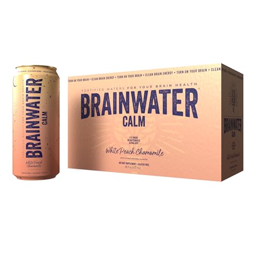 BrainJuice BrainWater Calm, Water for Clean Energy, Focus & Relaxation Support, Gluten Free, Zero Sugar Drinks with Ashwagandha, Alpha GPC, Vitamin C & B, Organic Green Tea, Peach Chamomile, 8 Pack