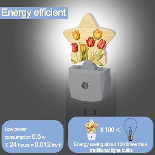 Image of Vintage Tulips Nightlight,Spring Flowers Star Night Lights Plug into Wall Decorations for Bedroom Bathroom,Dusk to Dawn Sensor Kitchen Hallway Stairs Energy Efficient Desk Lamp