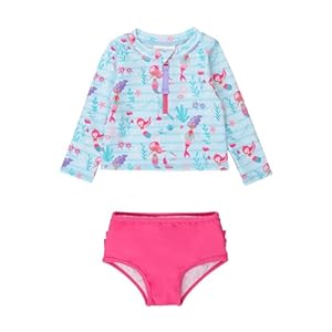 RuffleButts® – Conjunto de traje de baño de 2 piezas, con camiseta de protección de manga larga para bebés/niñas pequeñas, protección solar con FPU de 50+ con cremallera