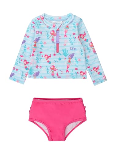 Image of RuffleButts Baby /Toddler Girls Long Sleeve Rash Guard 2 Piece Swimsuit Set w /UPF 50+ Sun Protection with Zipper