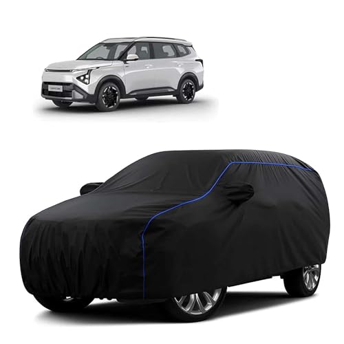 Image of Sulfar 100% Water Resistant Car Body Cover Compatible with Mirror for Kia Carens Clavis (Triple Stitched, Full Bottom Elastic, Black Tafetta with Blue Piping)
