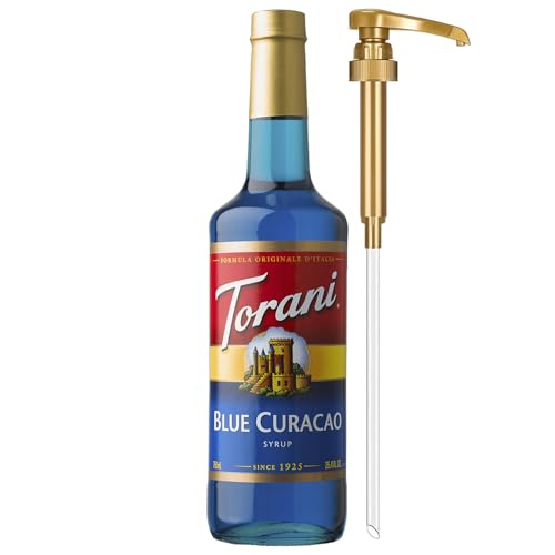 Image of Torani Blue Curacao Syrup, Non-Alcoholic Flavoring for Drinks, Glass Bottle with Pump Included, 25.4 Fl Oz