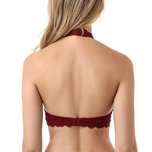 Image of Floral Lace Halter Bra Bralette Top Hook and Eye Closure Back Unpadded Wirefree Lace Bra