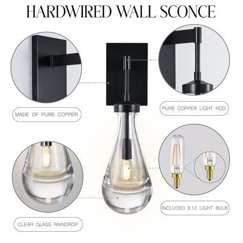 Image of Wall Sconces Set of Two, Black Dimmable Raindrop Wall Lighting, Modern Bathroom Sconces Wall Lamps Vanity Lighting for Living Room, Wall Lights for Bedroom, Hallway