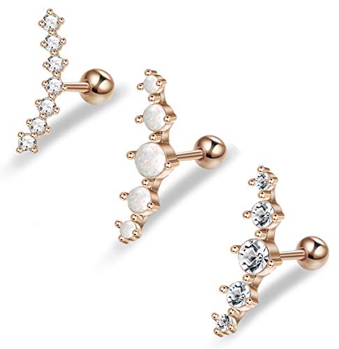 LOLIAS 3Pcs 16G Cartilage Stud Earrings for Women Conch Helix Stainless Steel Ear Tragus Piercing Jewelry Set,Rose Gold