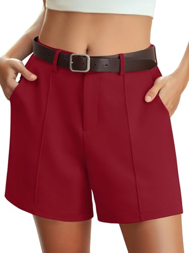 Feiersi Womens Casual High Waisted Elastic Waist Wide Leg Tailored Shorts Pleated Trendy Dressy Work Trouser Shorts(Wine Red,X-Large)