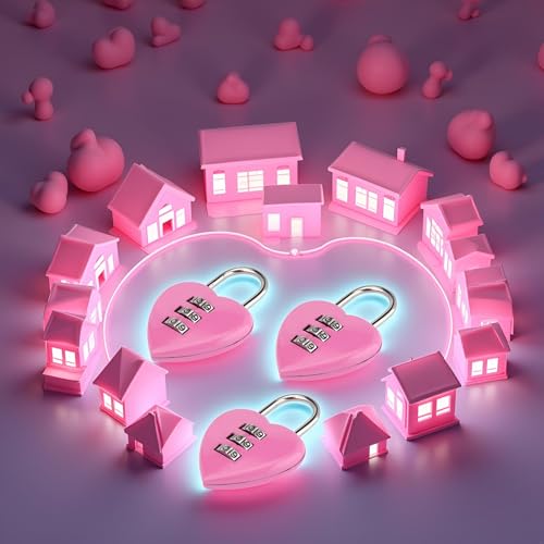 Image of 3Pcs /Set Pink Love Heart Shape Combination Padlock for Girls Women, Mini 3-Digit Password Resettable Code Locker Lock for School, Locker Lock, Pink, Padlocks and Hasps