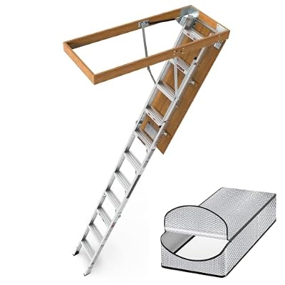 Aluminum Attic Ladder with Stairway Insulation Cover Pull Down Loft Stairs Folding Ceiling Ladder for Attic Access Door, Manual Lifting, for 7'8"-10'3" Ceiling Height, 22.5" x 54", 375 lbs Capacity