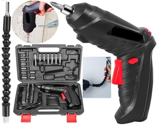 Image of 47 Pcs Electric Screwdriver Bit Set, 4.2V 3.2Nm, Front LED Light, Flexible Shaft, 3.2Nm Maximum Torsion Power Screwdriver with USB Rechargeable Cable Carrying Case, for Household Repair Tool (A+)