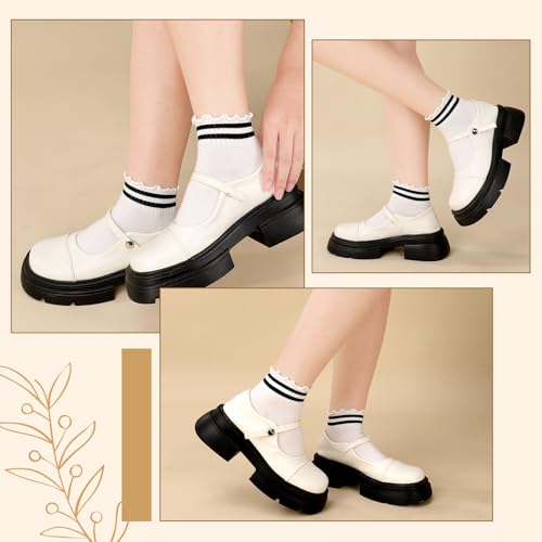 Image of Jspupifip 6 Pairs White Frilly Socks Women Striped Ruffle Socks Woman Cotton Cute White Ankle Socks Breathable Casual Crew Socks for Womens Ladies Girls