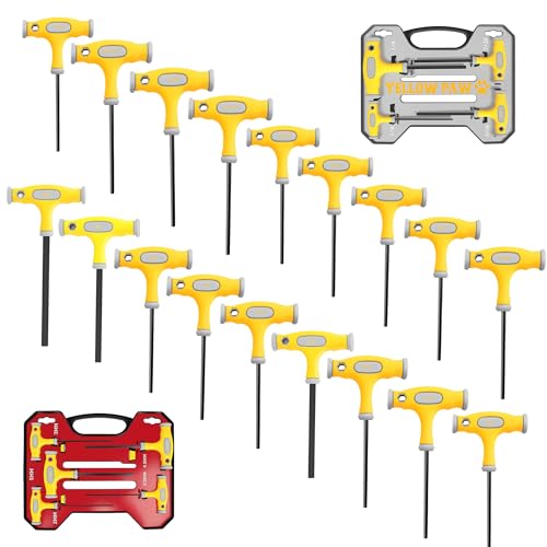 Yellow Paw T Handle Allen Wrench Set (18 Pack of Metric & SAE - Industrial Grade Steel) Long Hex Keys with Storage Case with Ergonomic Comfort Handles