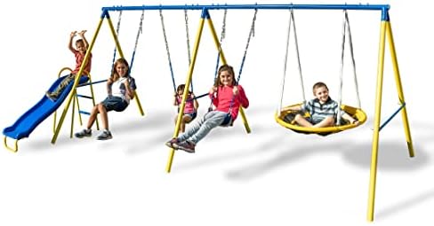 Sportspower Triple Swing and Saucer Metal Swing Set, Blue/Yellow