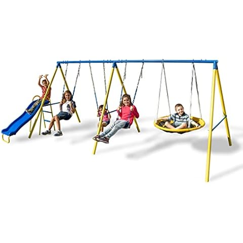 Sportspower Triple Swing and Saucer Metal Swing Set: 3 Swings, 1 Flying Saucer Swing, 1 Wavy Slide - Exceeds ASTM Safety Standards Cover