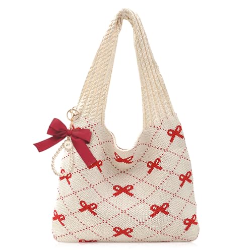 Image of JeVenis Pink Crochet Tote Coquette Bow Aesthetic Hobo Bag for Women Beach Mesh Knitted Shoulder Bag Boho Shoulder Handbag