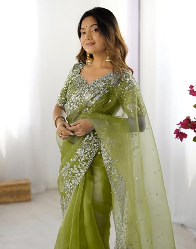 Image of SIRIL Women's Organza Sequence Embroidery Saree With Unstitched Blouse Piece