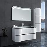 Oimex Felice 90 cm inkl. Seitenschrank + LED Spiegel Design Badmöbel Set Hochglanz Weiß Badezimmer Set mit viel Stauraum Waschtisch Glaswaschbecken