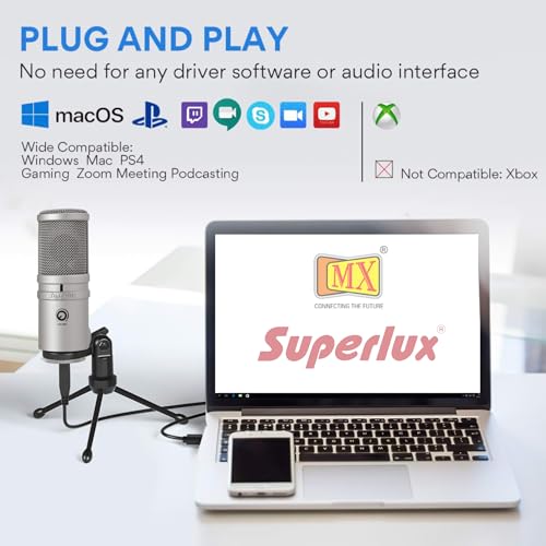 Image of Superlux E205U USB Condenser Microphone - Champagne Silver, Super-Cardioid, 20 Hz-20 kHz, Plug-and-Play for Podcasting, Home Studio, Streaming & Voice-Over