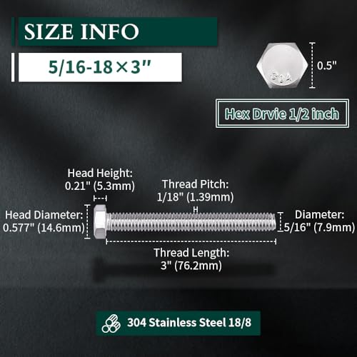 Image of 5 /16-18 x 3 inch Hex Head Bolts Screws, 304 Stainless Steel 18-8, Fully Threaded, Hexagon Head Cap Bolts Screws, Coarse Thread UNC, 10 PCS