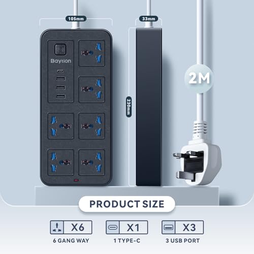 بايشن وصلة تمديد كهربائية عالمية مع 3 منافذ دبابيس، سلك تمديد مع 6 مقابس | 3 منافذ USB | منفذ واحد من النوع C، كيبلات طاقة تمديد بطول 1.88 متر للمنزل والمطبخ والمكتب (اسود)