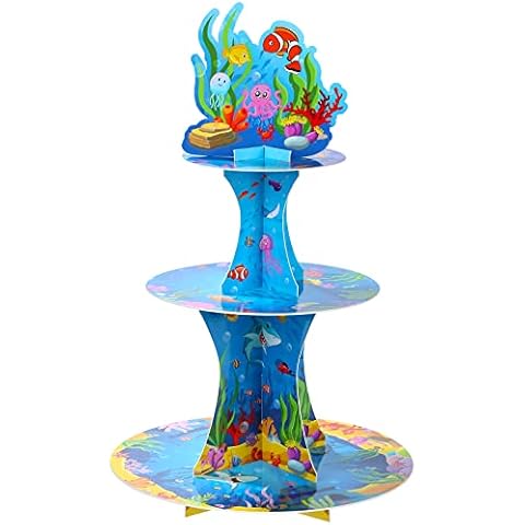 3 Tiers Under the Sea Cardboard Cupcake Stand Ocean Birthday Party Decorations Dessert Cupcake Stand Holder for Sea Creature Shark Party Tropic Fish Beach Party Baby Shower Supplies Cover