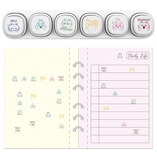 GLOBLELAND 6 Pcs 6-in-1 Weekly Cats Mini Stamps for Grading Weekend Plastic Stamp Set Day Abbreviations Planner Stamps for Drawing Journaling Art Crafts Birthday Party Favor Carnival Prizes