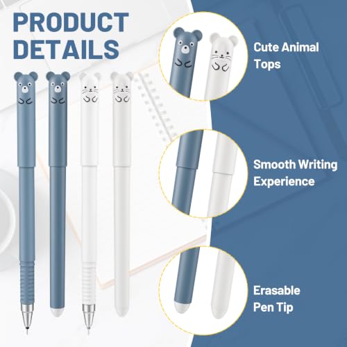 GodtKowty Lot de 20 Stylos Effaçables 0.5mm Motif Animal, Stylos à Encre Effaçable pour Enfants et Adultes, Pointes Fines Noir et Bleu, Stylos Gomme Design Dessin Animé Multicolore (Motifs Assortis) – vue 3