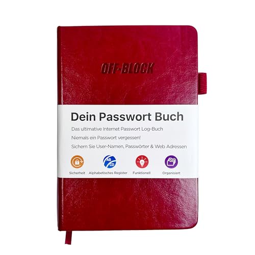 OFF-Block Dein Passwort Buch DEUTSCH I mit A-Z Register I Organizer für Passwörter, Benutzernamen, Webseiten und mehr I mit Stiftschlaufe I Gummiband I Dokumententasche innen (bordeaux)