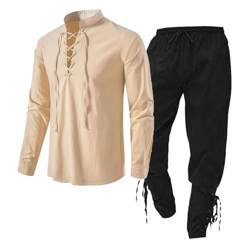 Gilet Medievale da Uomo con Camicia di Lino, Pantaloni con Cinturino alla Caviglia - Set di Abbigliamento, Tuta Sabbia/Beige, XXL Gilet Medievale da Uomo con Camicia di Lino, Pantaloni con Cinturino alla Caviglia - Set di Abbigliamento, Tuta Sabbia/Beige, XXL