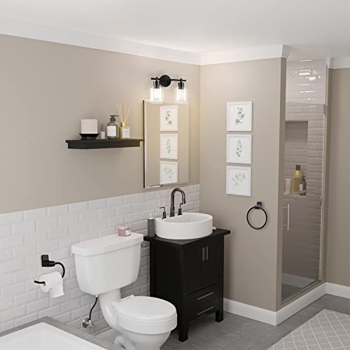 Image of Globe Electric 3-Piece Powder Room Set, Matte Black, 2-Light Vanity with Clear Glass Shades and Matching Hardware, 51850