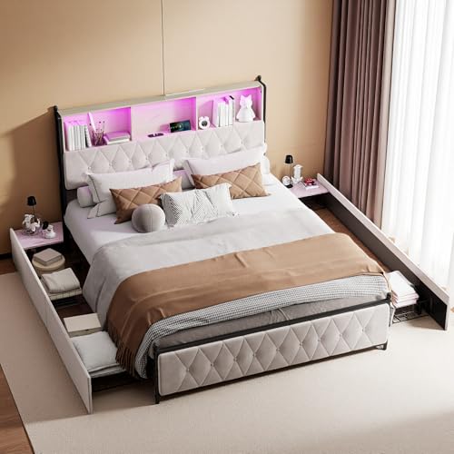SUNFECILI Cama tapizada de 160 x 200 cm con 4 cajones, cama doble con iluminación LED y puertos de carga USB, cama funcional con espacio de almacenamiento y somier, terciopelo, beige