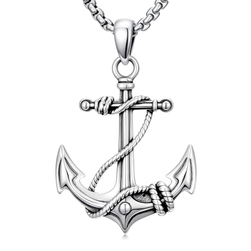Mens Anchor Necklace, 925 Sterling Silver Nautical Anchor Pendant Anchored in Christ Jewelry Gifts for Graduates, Travelers, Sailors