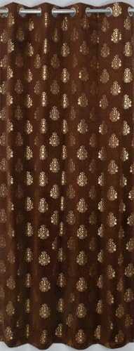 Image of KALIYO Brown Velvet Room Darkening Curtain with Gold Foil Floral Print | Eyelet Window Curtain | Soft Luxury Fabric | 9 Ft | Pack of 1