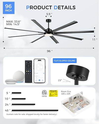 Image of 96-Inch Industrial Ceiling Fan with Lights and Remote - Extra Large Indoor Fan with 8 Aluminium Blades,Smart Fan Works with Voice Control,Model:ZCCF04BK-96