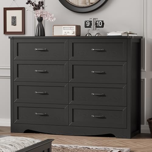 Image of Dresser for Bedroom with 8 Drawers, 54 inch Wide Wood Chest of Drawers with Deep Drawers & Mental Handle, Modern Dresser TV Stand, Wooden Closet Storage Organizer for Living Room, Hallway, Entryway, Black