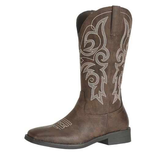 SheSole Women’s Fashion Western Cowgirl Cowboy Boots Wide Square Toe Mid Calf