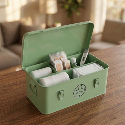 Image of First Aid Medicine Box, First Aid Kit Supplies Bin, Metal Medicine Storage Tin, First Aid Empty Box with Safety Lock for Home Emergency Tool Set-Green