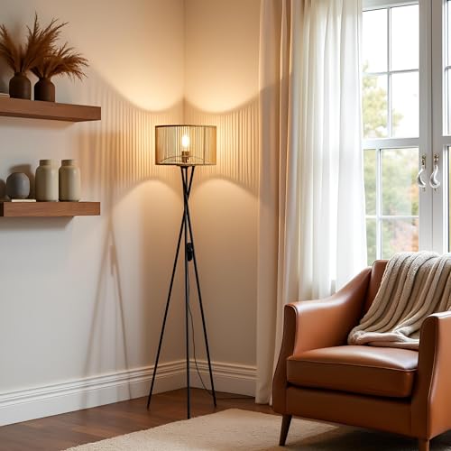 Lámpara de pie LED de diseño industrial con trípode metálico y madera 3