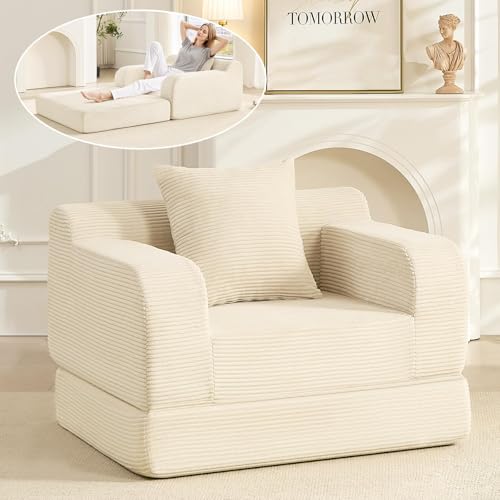 Wumagin Canapé 1 Place Convertible, Fauteuil Lit avec Coussin, Chauffeuse Convertible en Velours Côtelé, Petit Canapé Moderne pour Salon, Chambre ou Bureau...
