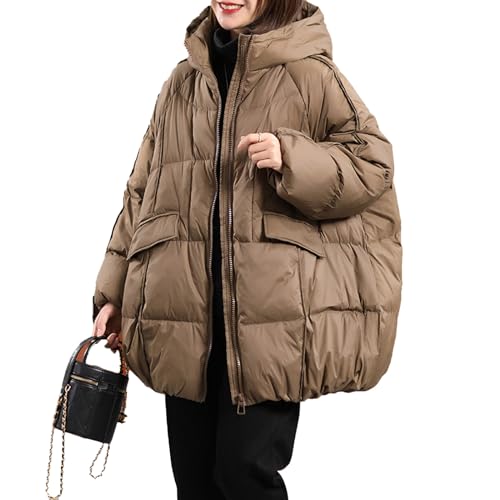 Piumino Invernale da Donna Bianco in Piuma D'Anatra con Cappuccio Caldo Piumino Oversize Femminile Casual Allentato Parka Tascabile,Cachi,M