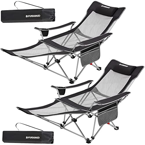 FUNDANGO 2 Pack Set Reclining Camping Chair with Footrest, Lightweight Folding Lounge Chairs with Armrest, Pillow, Carry Bag Recliner Camp Chair Mesh Lawn Chair Folding Chairs with Adjustable Backrest