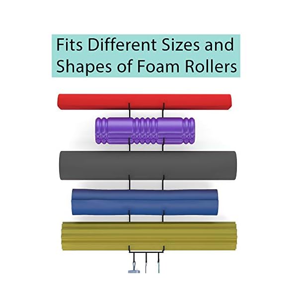 Wallniture Guru Foam Roller & Yoga Mat Holder Wall Mount with 3 Hooks for Hanging Yoga Strap, Resistance Bands, 5-Sectional Metal (Black)