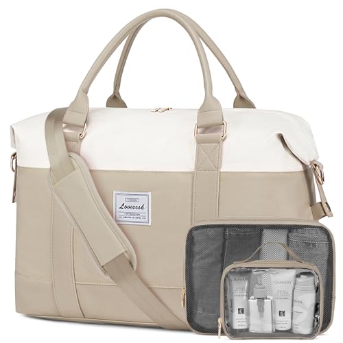 Image of LOVEVOOK Travel Duffle Bag Women,Weekender Bag with Clear Toiletry Bag, Carry on Overnight Bag with Shoe Bag,Hospital Bags for Labor Delivery with Packing Cube, Khaki -Linen -Beige