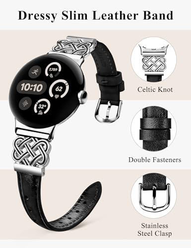 Image of TOYOUTHS Slim Leather Band Compatible with Google Pixel Watch 4 3 41mm /Pixel Watch 2 1 Band Women, Celtic Metal Dressy Thin Fashion Designer Premium Leather Strap for Google 4 3 2 1 Smartwatch