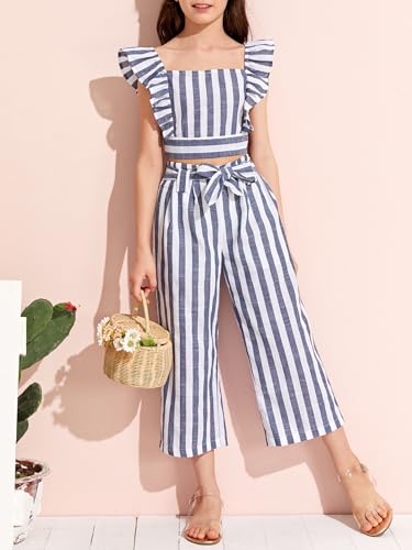 Image of Floerns Girls 2 Piece Outfit Boho Striped Ruffle Sleeve Crop Top and Bow Front Pants Set Navy Blue 7Y