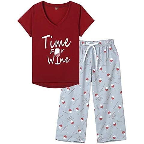MyFav Women's Sleepwear Soft Red Wine Printed Short Sleeve Pyjama Capri Set Cover