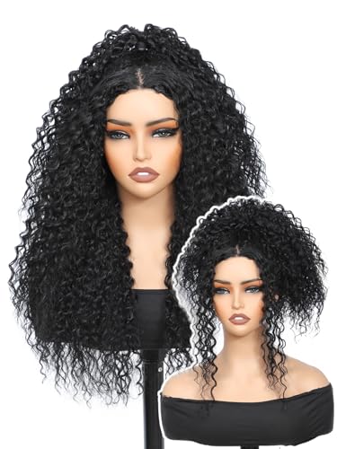 YKHJH 26 Inch Curly Wigs for Women,Synthetic Lace Front Wig Black Curly Wigs, Womens Wigs Protein Fiber Like Human Hair, Glueless Curly Hair Wig(Black)