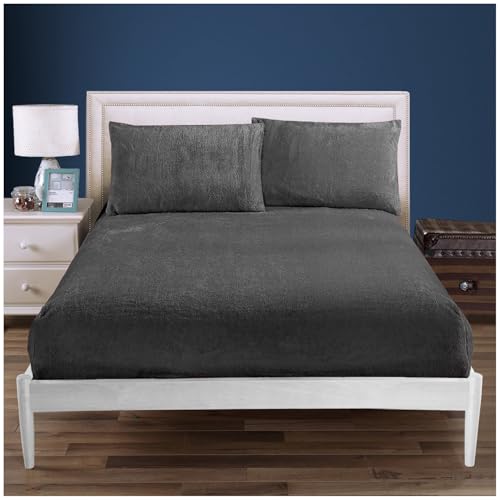 Luxury Quality Double Fitted Sheet, Easy Care Warm and Snuggle Fleece Fitted Bed Sheet, Super Soft Teddy Bear Bedding, Plain thermal & Fluffy Bedsheets For Double Bed, Charcoal